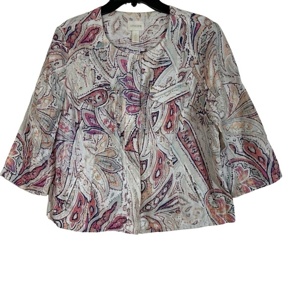 Chico’s Cream Pink Blue Linen Zip-up Jacket 3/4 Length Sleeves - Picture 3 of 10